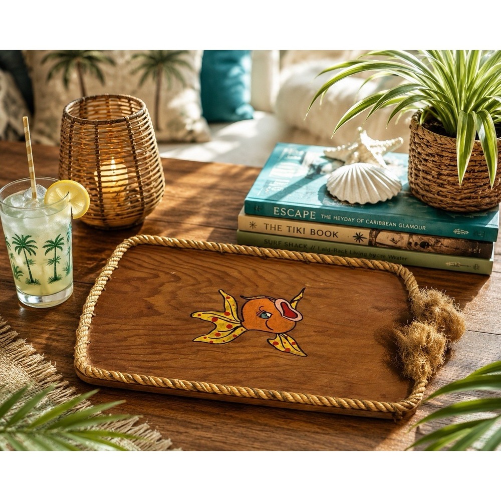 Rustic Handmade Wooden Tray Nautical Rope Fish Folk Art Coastal Decor VTG 18x12